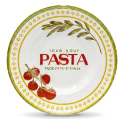 White porcelain pasta plate with green rim, yellow geometric border, olive branch, tomatoes, and 'love your PASTA' text. - view 2