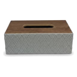 Rectangular tissue box cover with a brown wood grain top and grey leather sides featuring an embossed diamond pattern on a w… - view 2
