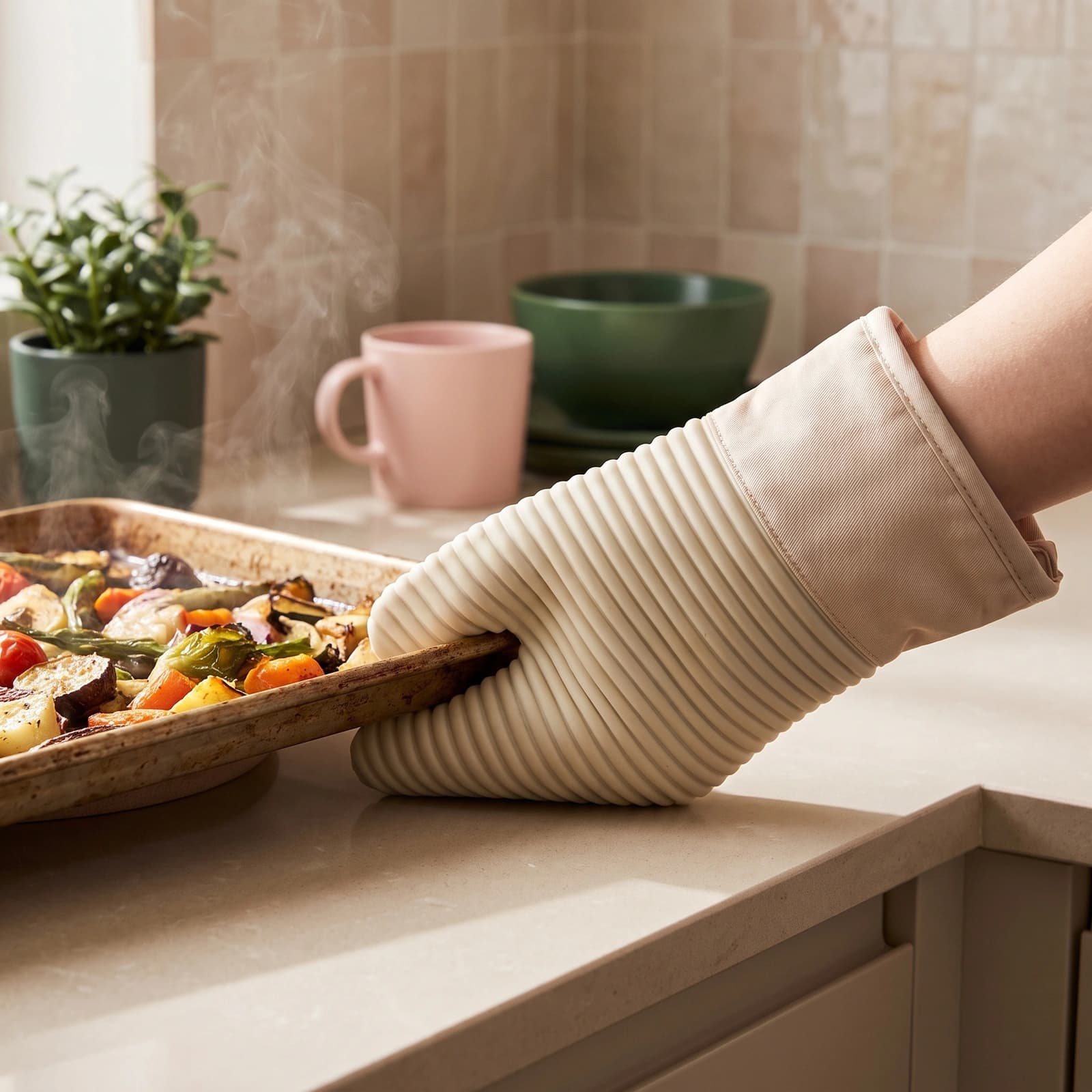 Single beige and light pink silicone and fabric oven mitt with a ribbed palm, resting in a white styrofoam tray.