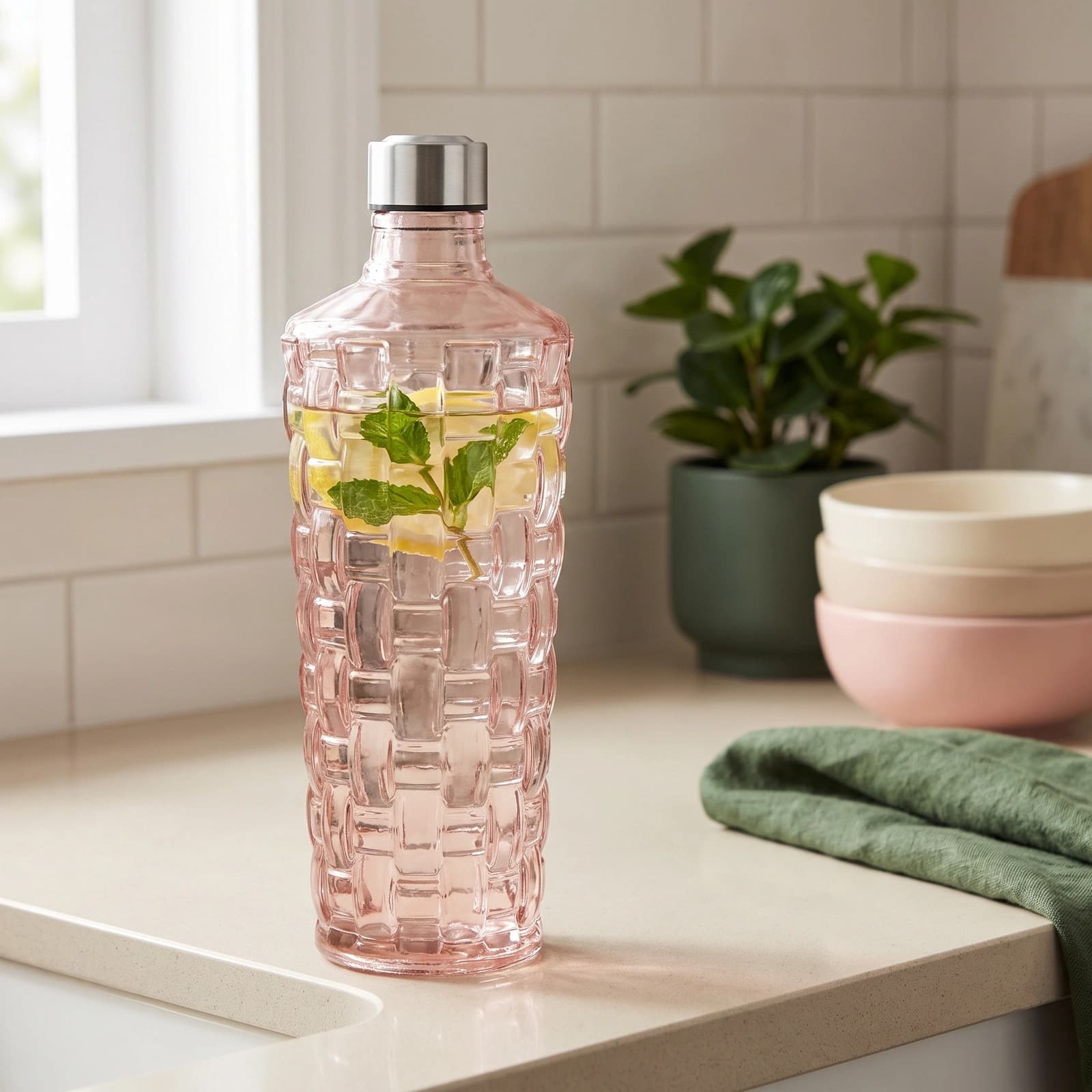 Single pink tinted glass water bottle with a textured woven pattern and a silver cap on a white shelf.