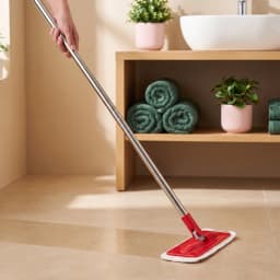 Red plastic rotatable mop head refill with white microfiber pad in packaging, on a wooden surface. - view 4