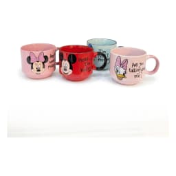 Four assorted ceramic mugs with Disney characters: Minnie Mouse (pink), Mickey Mouse (red), Goofy (light blue), Daisy Duck (… - view 2