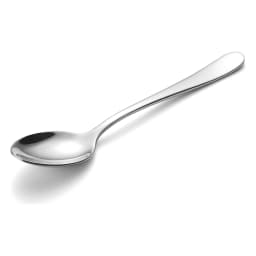 Single silver stainless steel eating spoon with a polished finish, lying diagonally on a white background. - view 2