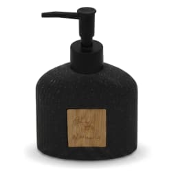Black speckled ceramic soap dispenser with vertical ridges and a black pump, featuring a small wooden label. - view 3