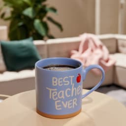 Light blue ceramic mug with 'BEST TEACHER EVER' in cream text and a small red apple icon, brown base, on white background. - view 4