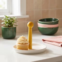 Cream yellow wooden pillar paper towel holder with a white porcelain base on a kitchen counter. - view 3
