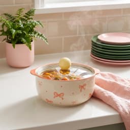 Cream ceramic serving bowl with coral bows and a clear glass lid with a yellow knob, filled with hot vegetable soup, on a wh… - view 1