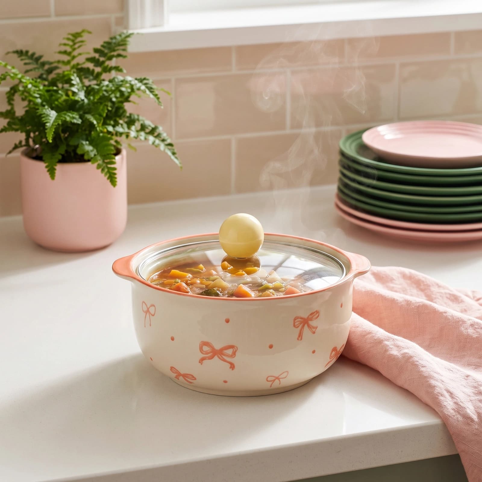 Cream ceramic serving bowl with coral bows and a clear glass lid with a yellow knob, filled with hot vegetable soup, on a wh…