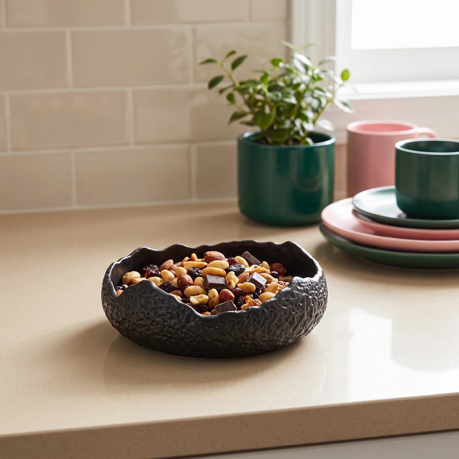 Single black porcelain serving bowl with a textured exterior and an irregular, wavy rim on a white background.