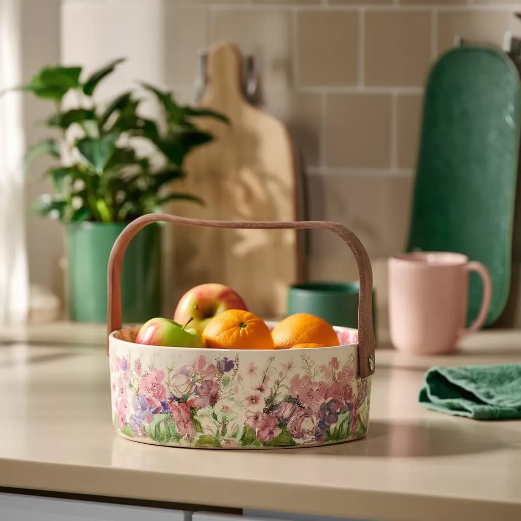 Porcelain Serving Basket with Wooden Handle - Floral