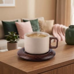 Beige speckled ceramic mug with dark wood handle on a round dark wood saucer, isolated on a white background. - view 4