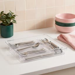 Clear rectangular acrylic multipurpose organizer tray set with textured bottom, featuring nested compartments, on a white sh… - view 1