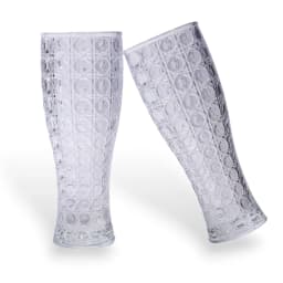 Tall clear glass vase with a repeating geometric octagon and square pattern on a white background. - view 3
