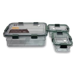 Three rectangular clear plastic food storage containers with dark green lids and locking clips on a white background. - view 2