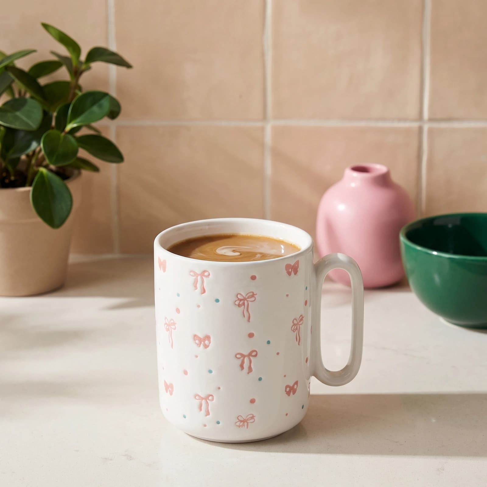 White ceramic mug with pink bows and blue/red dots design, held in hand, light blue rim