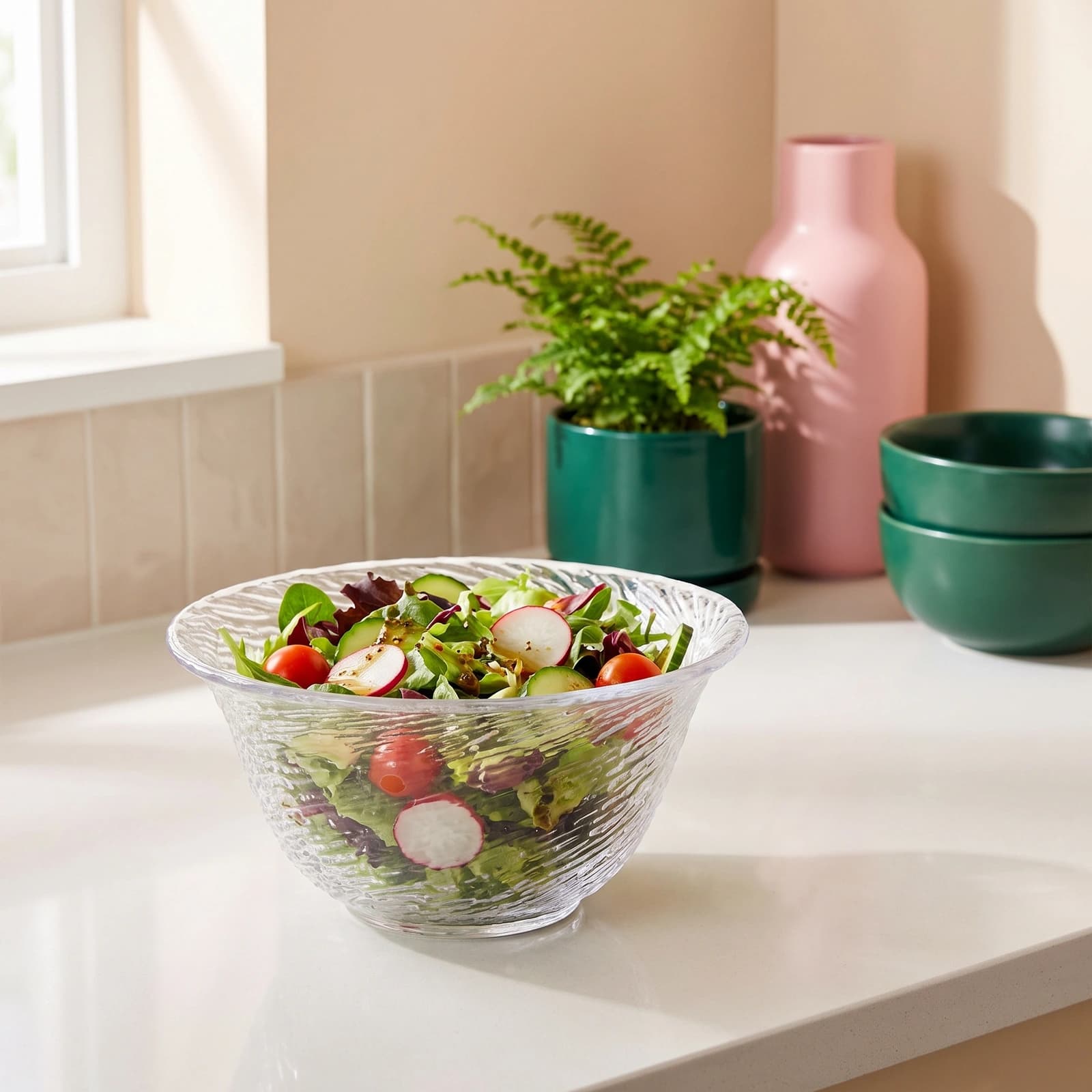 Clear glass bowl with a textured, wavy surface and a slightly flared rim, casting a soft shadow on a white background.