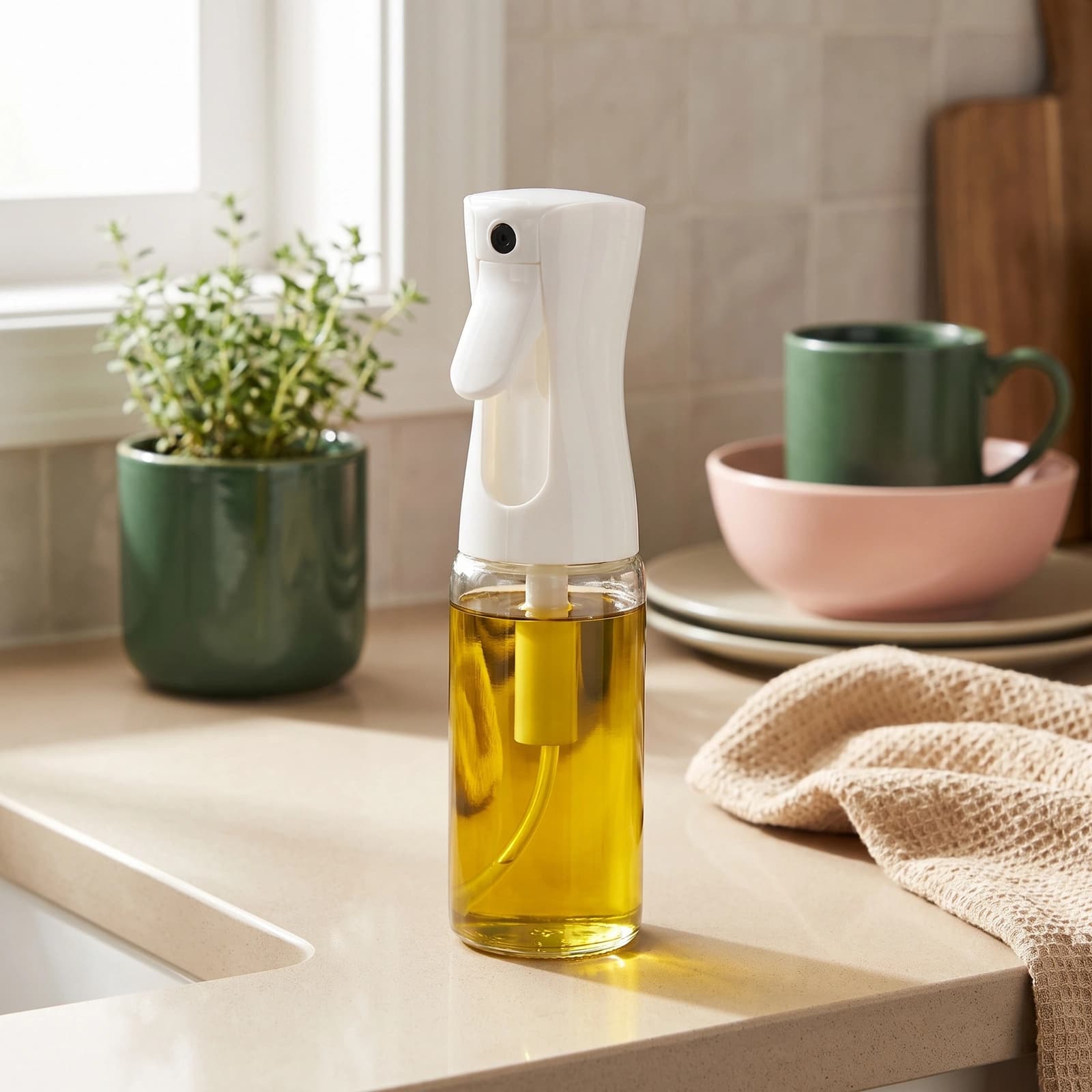 Clear glass oil spray bottle with a white fine mist top, filled with olive oil, standing on a light kitchen counter.