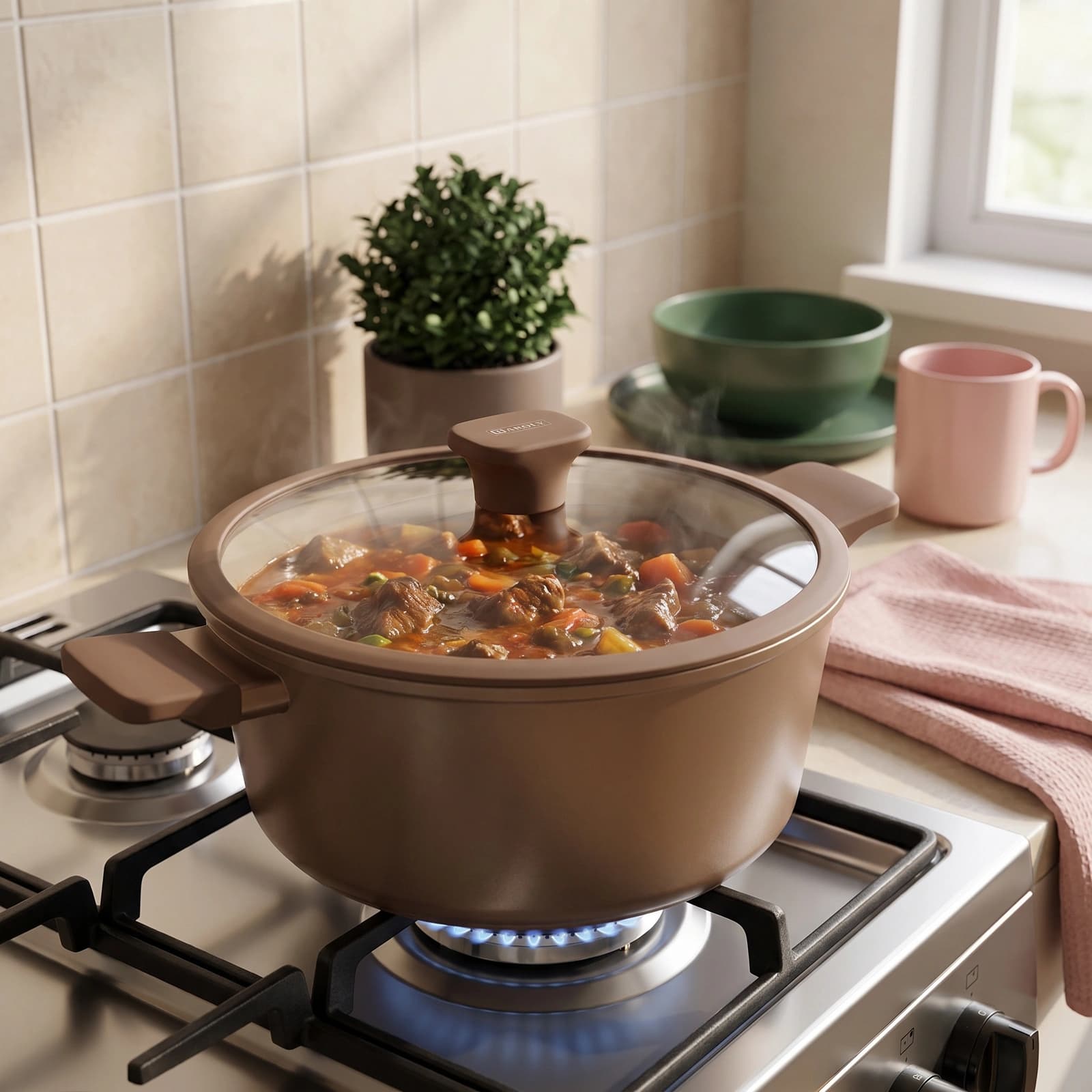 Taupe ceramic cooking pot with a clear glass lid and matching handles on a white background.