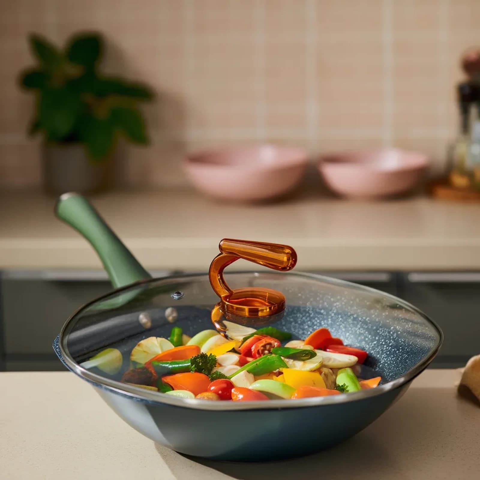 Hexagonal Non-Stick Frying Pan with Lid - Dark Green