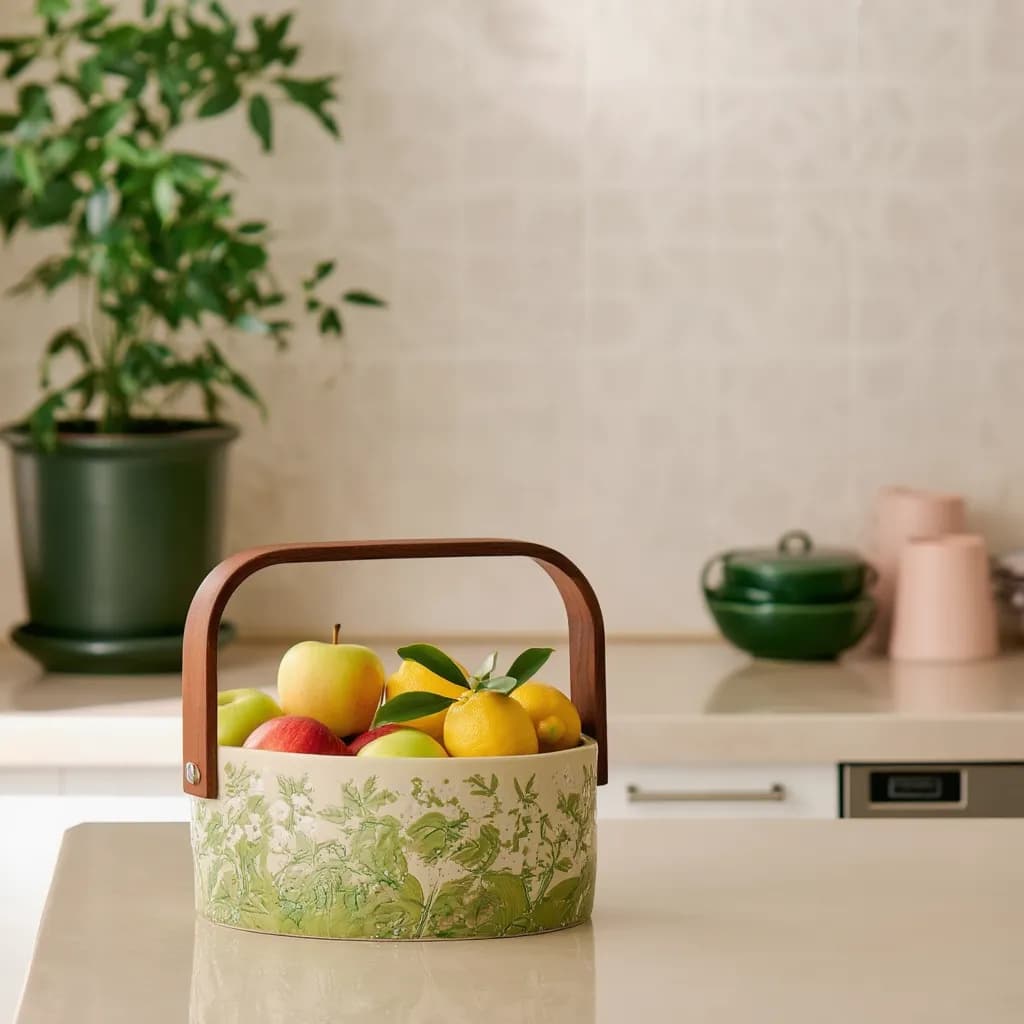Serving Basket with Wood Handle - Cream Green Floral