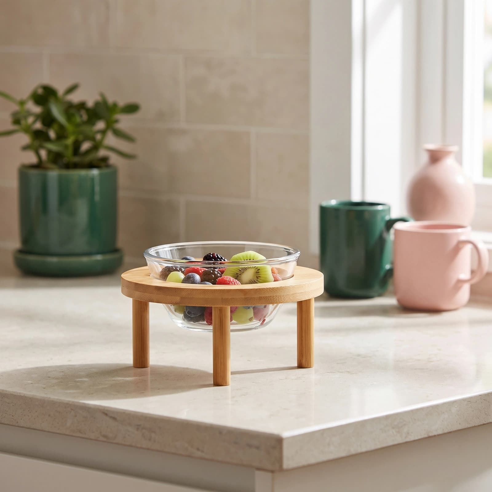 Glass Serving Bowl with Wood Stand - Clear & Light Brown