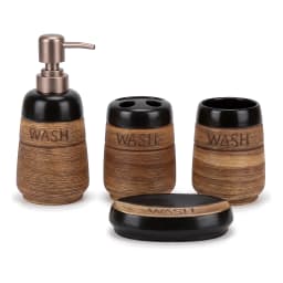 Four-piece ceramic bathroom set in brown and black with textured finish, including soap dispenser, toothbrush holder, tumble… - view 3