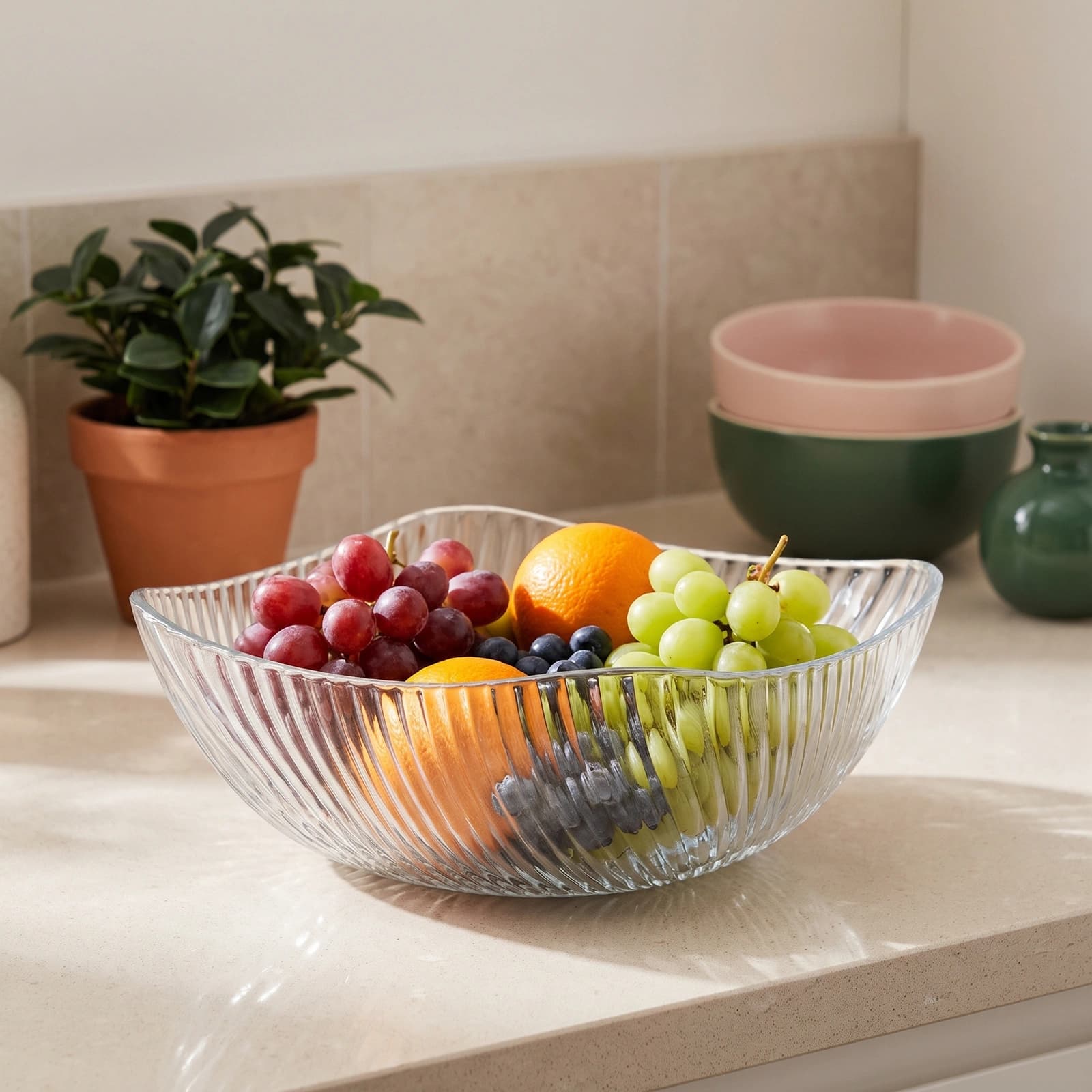 Clear glass serving bowl with a wavy rim and vertical ribbed texture on a white background