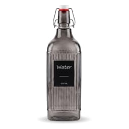 Dark grey ribbed glass bottle with a white and red swing-top stopper, labeled "Water 1000 ML", on a white shelf. - view 2