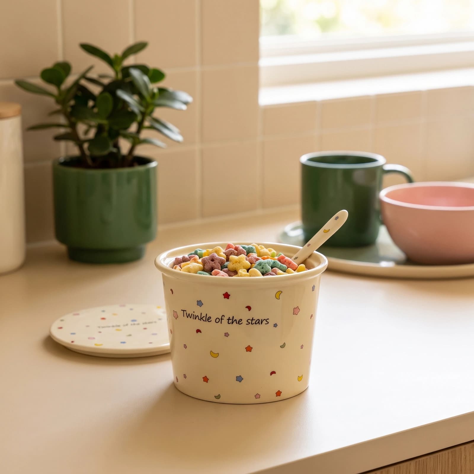 Porcelain Mug with Lid - Cream, Colorful Stars & Moons