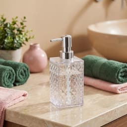 Four-piece clear acrylic bathroom set with diamond texture including a soap dispenser, toothbrush holder, cup, and soap dish. - view 3