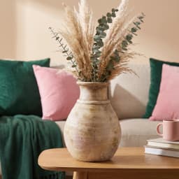 Single rustic beige porcelain decorative vase with a bulbous body and narrow neck on a white background - view 1