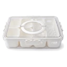 Clear rectangular plastic food storage container with white plastic dividers, filled with fresh strawberries, blueberries, c… - view 2