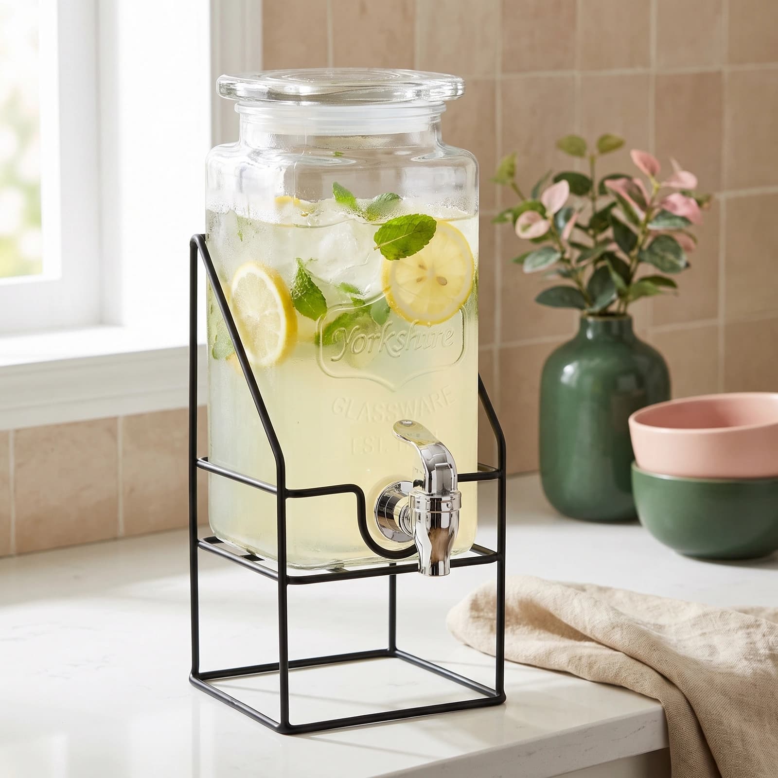 Clear rectangular glass beverage dispenser with an embossed design, silver spigot, and black metal stand on a white backgrou…