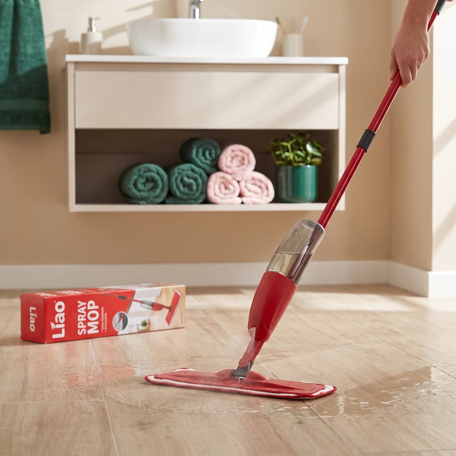 Red spray mop with a white microfiber pad, shown on its red and white product packaging box.