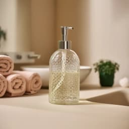 Clear glass soap dispenser with a silver pump and a textured dotted pattern, filled with light yellow liquid soap, on a bath… - view 1