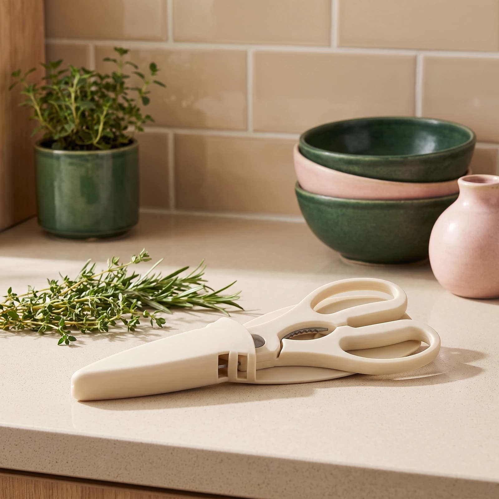 Beige silicone kitchen scissors with a matching protective sheath, lying on a white surface in a well-lit setting.