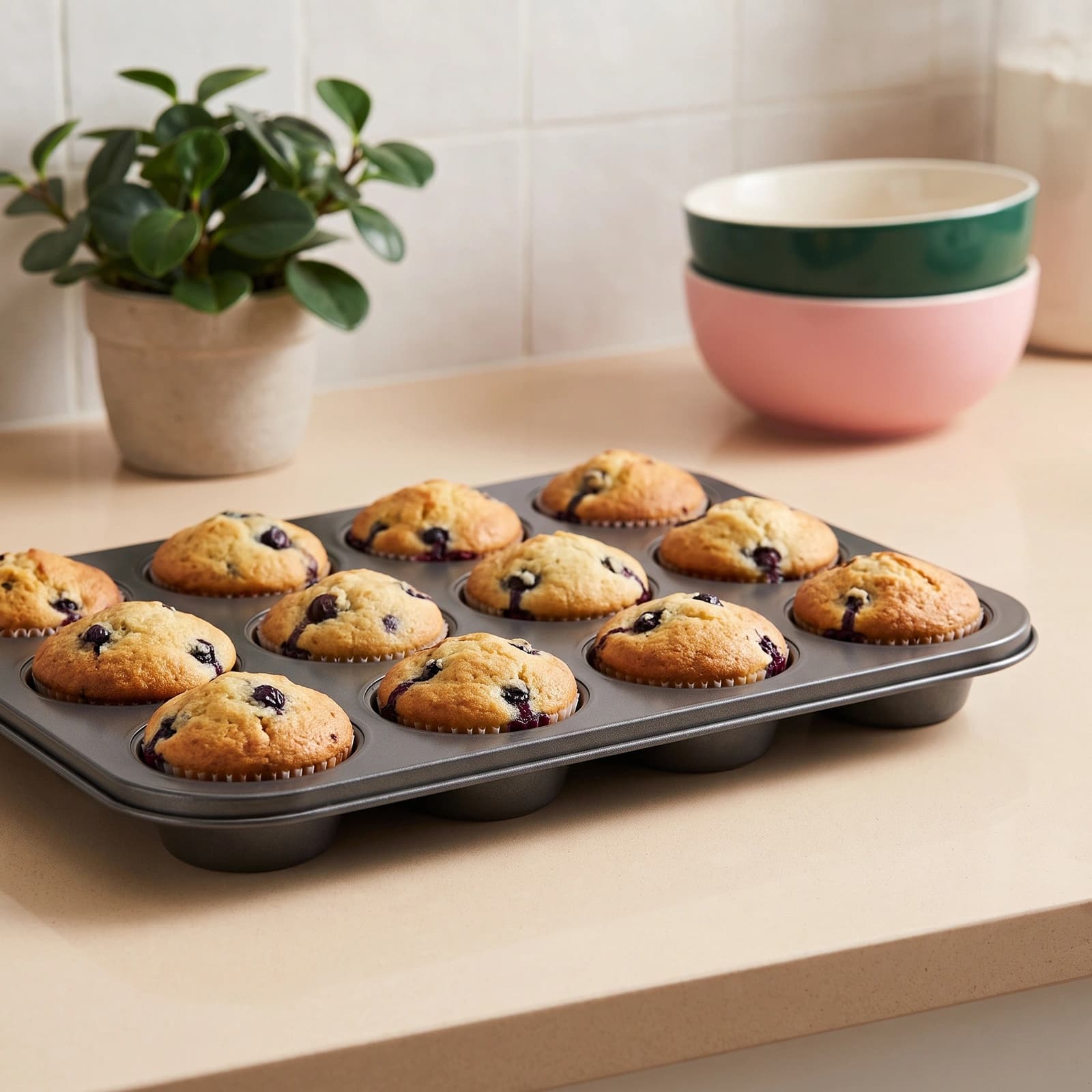 Dark grey 12-cup non-stick metal muffin and cupcake baking pan on a white shelf