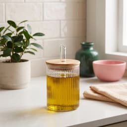 Clear ribbed glass oil dispenser bottle with a light wood lid and a clear glass spout, filled with yellow olive oil, on a wh… - view 1