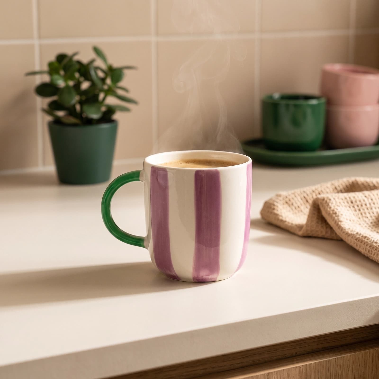 Cream ceramic mug with vertical purple stripes and a bright green handle on a white background