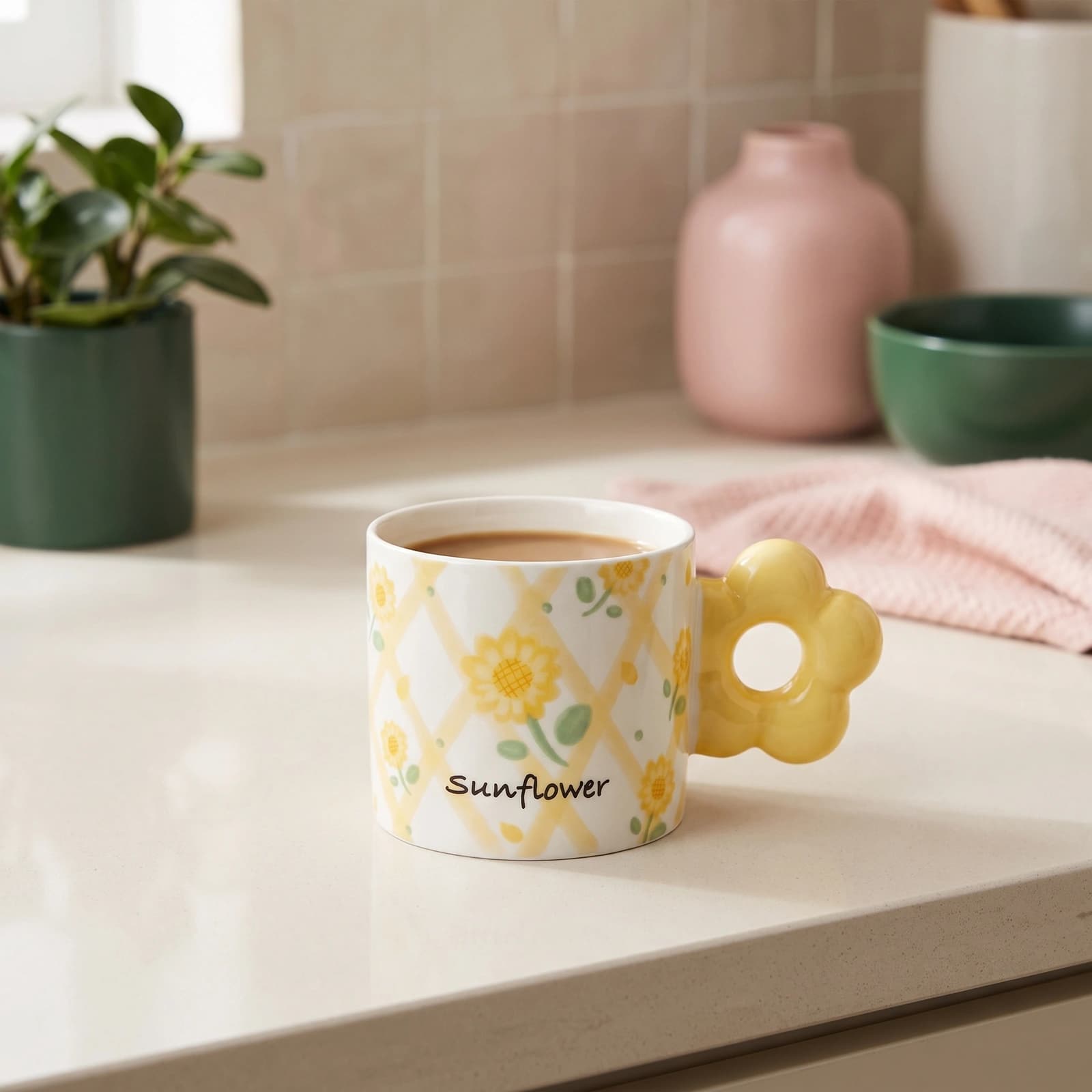 White ceramic mug with yellow sunflower pattern and yellow flower-shaped handle, held in a hand