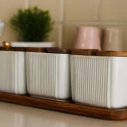 Set of 3 porcelain Storage Jars with Wood Lids & Tray - White - view 4