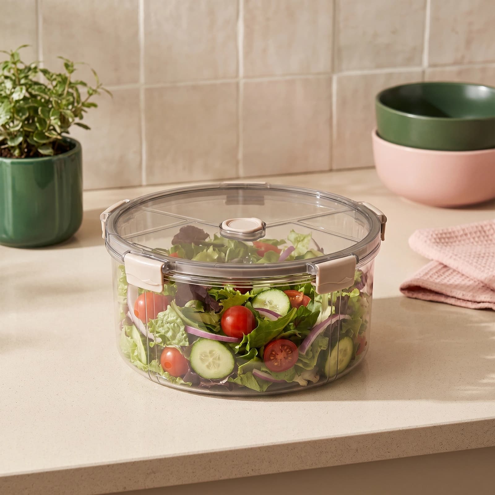 Acrylic Round Cake Carrier - Clear with Beige Clasps