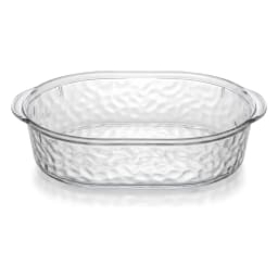 Clear oval acrylic serving dish with a textured, hammered surface on a white background - view 2