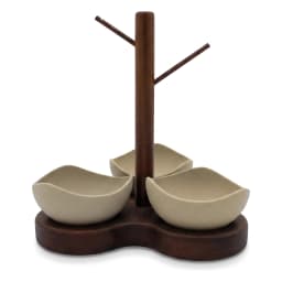 Dark brown wooden serving stand with three light beige porcelain bowls, wavy shape, on a white background. - view 3