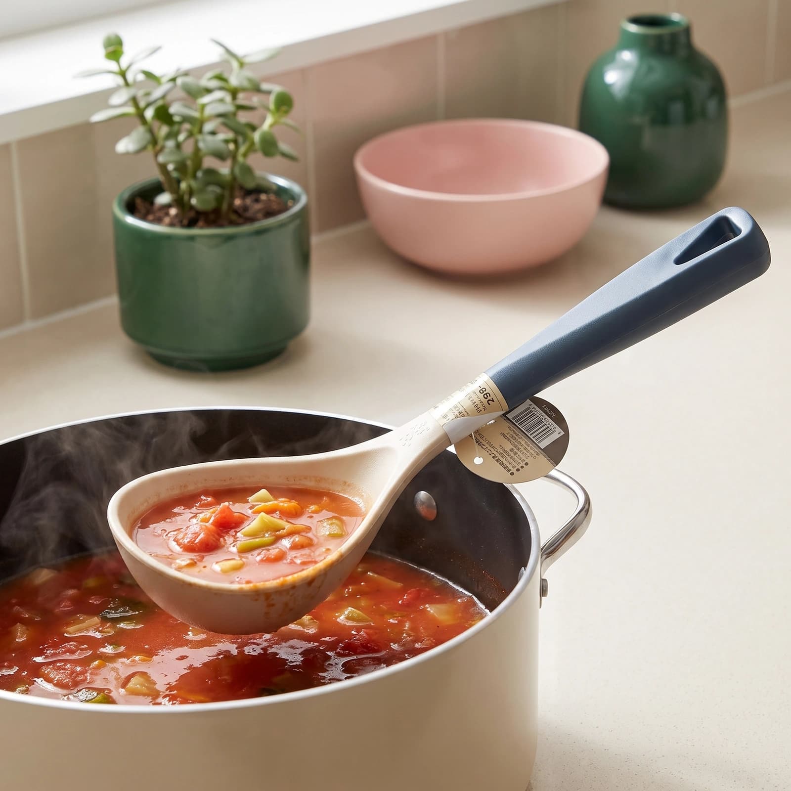 Beige silicone ladle with a dark blue handle, featuring a hanging hole, on a white background.