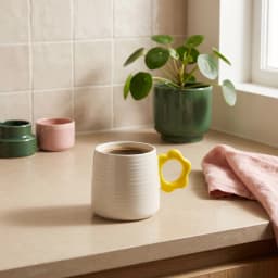 Cream ceramic mug with horizontal ridges and a bright yellow flower-shaped handle on a white background. - view 1
