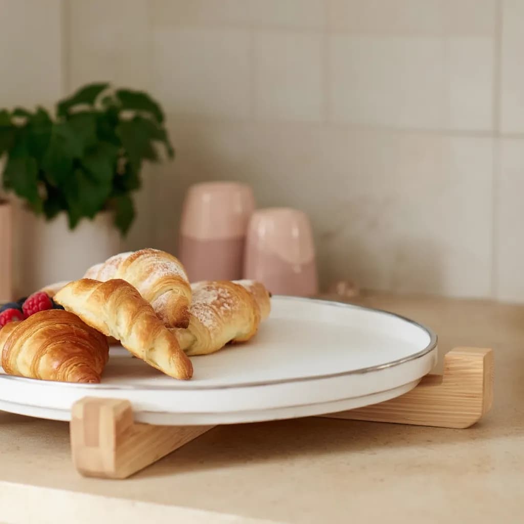 White Porcelain Serving Plate with Wood Stand