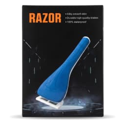 Blue and white women's razor with an ergonomic handle and white blades, against a dark background with text. - view 2