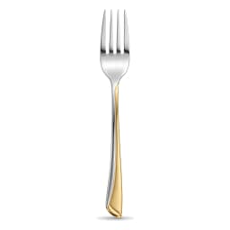 Single silver and gold stainless steel dinner fork with a curved handle, isolated on a clean white background. - view 4