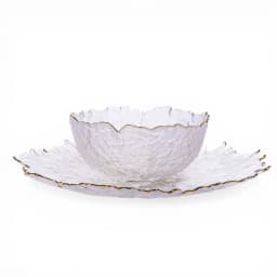 Clear textured glass serving bowl and rectangular plate with irregular wavy gold rims on a white background - view 2